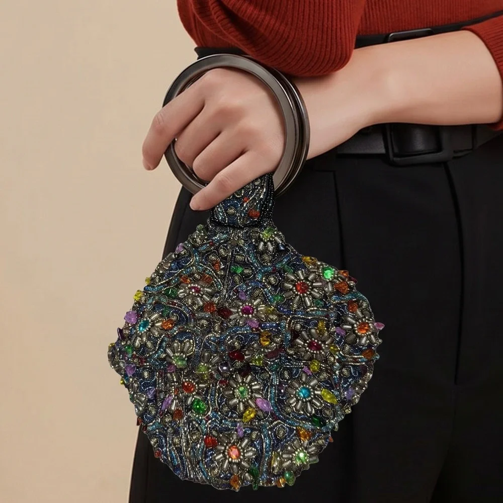 Bamboo Trading Company Beaded Ring Handle Evening Bag Multicolor Floral Mosaic
